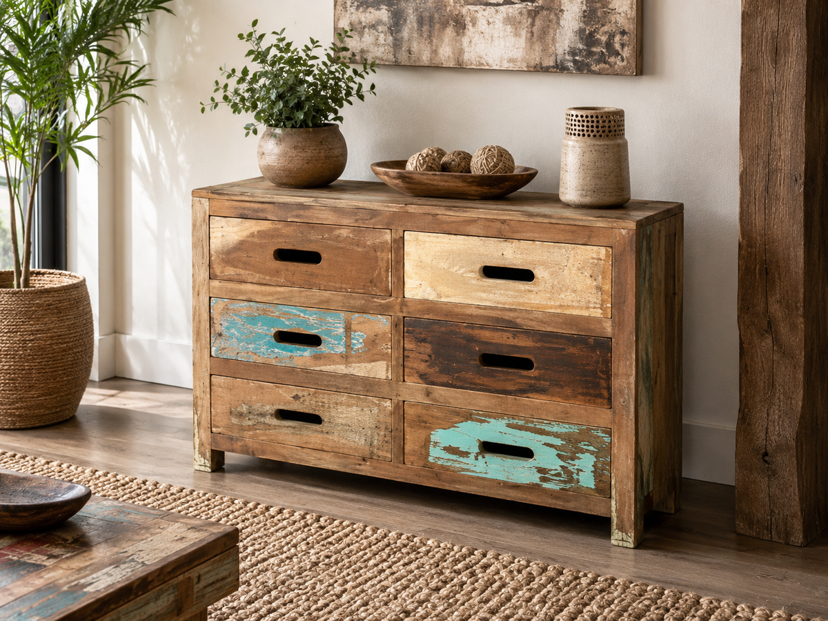 Commode Baja en bois recyclé à six tiroirs colorés, dans un salon avec plantes