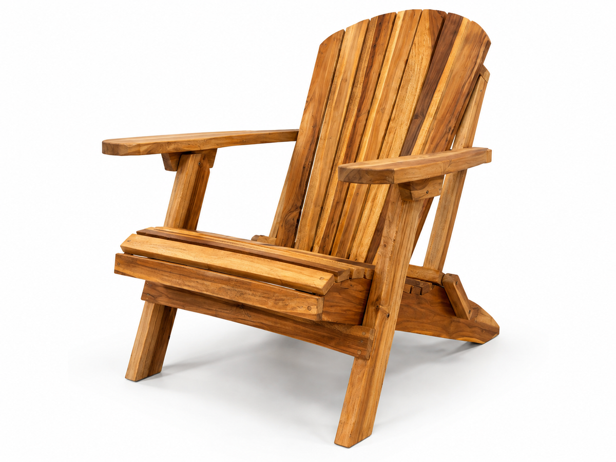 Chaise Adirondack en teck massif, dossier à lattes et larges accoudoirs