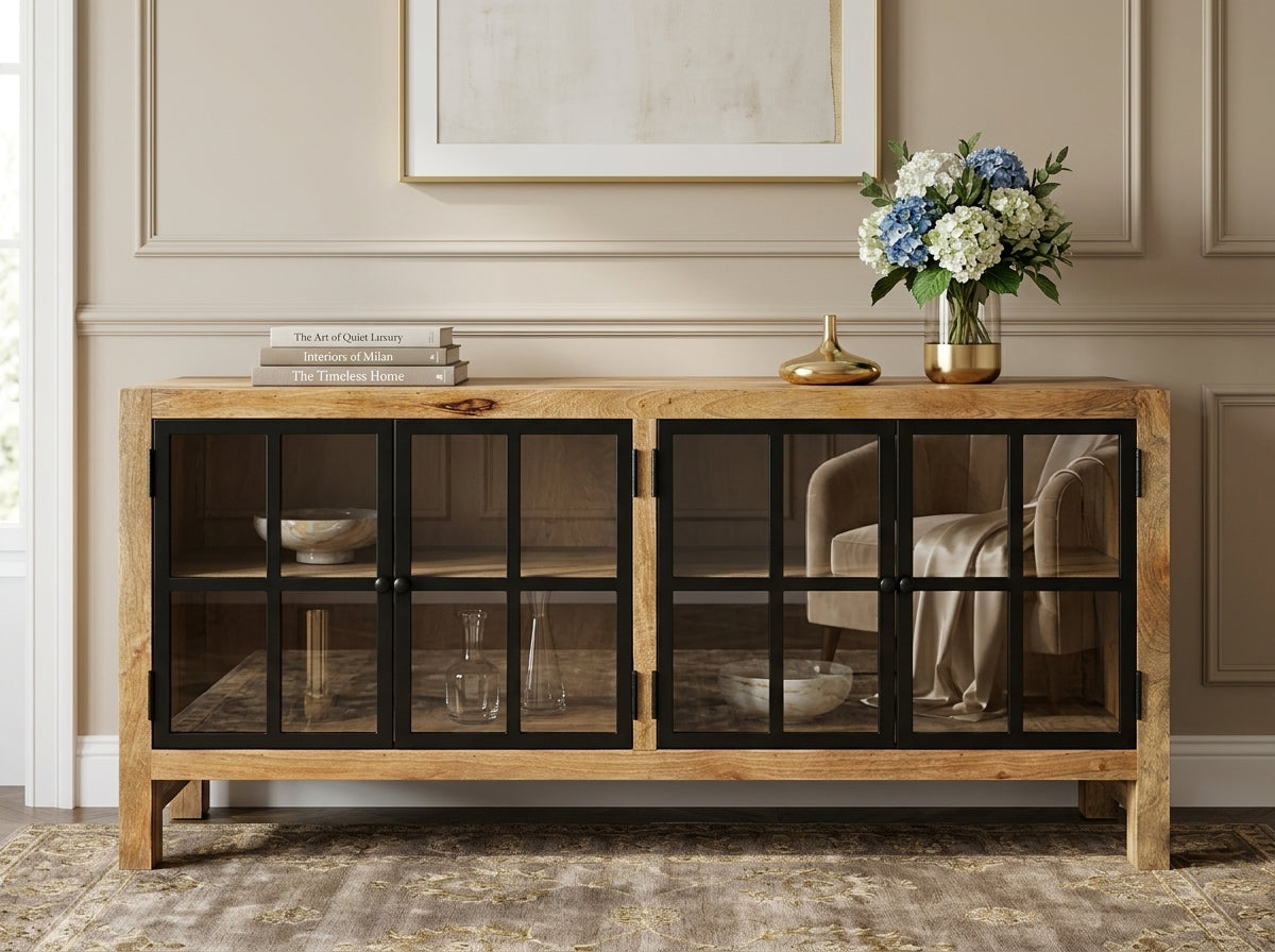 Buffet en bois de manguier vitré
