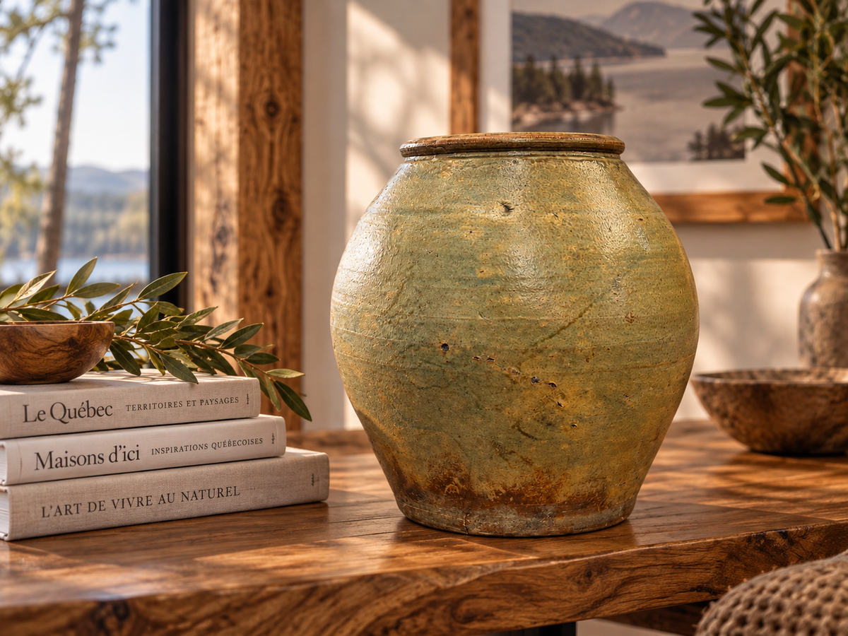 Vase antique à panse renflée et col court, fini vert vieilli