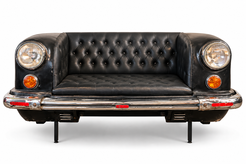 Sofa voiture en cuir noir capitonné vu de face, phares ronds et clignotants
