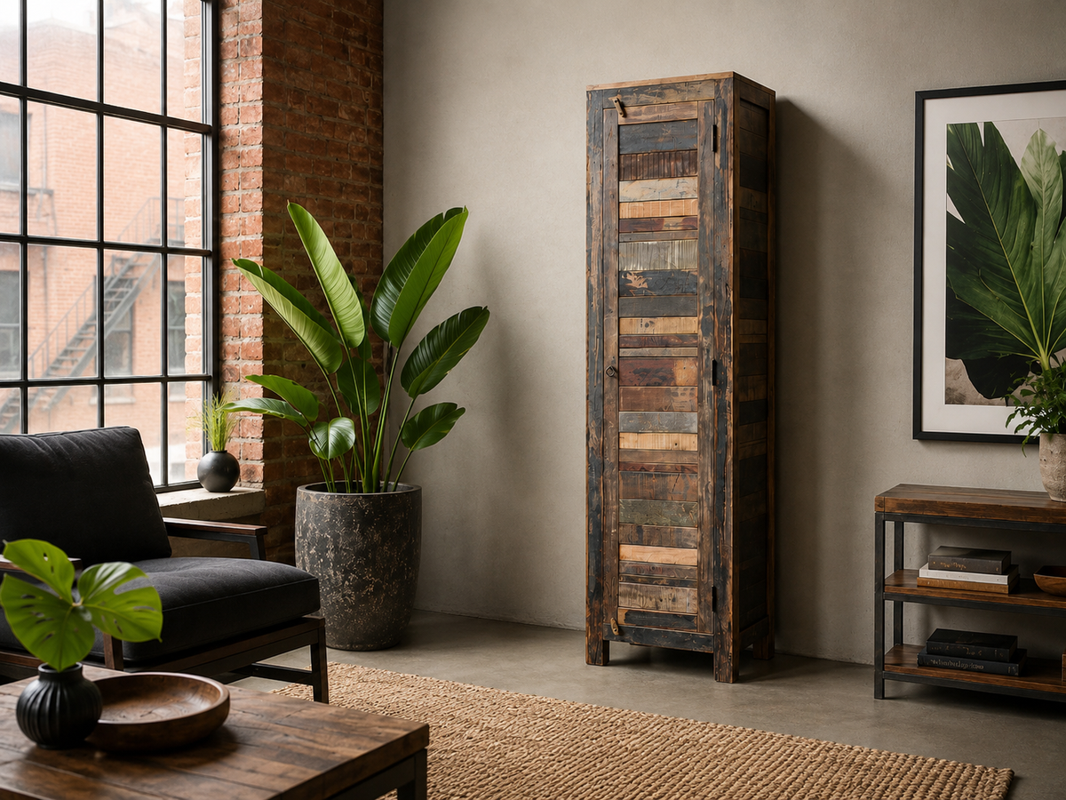 Armoire Almira une porte en bois recyclé avec quatre tablettes intérieures