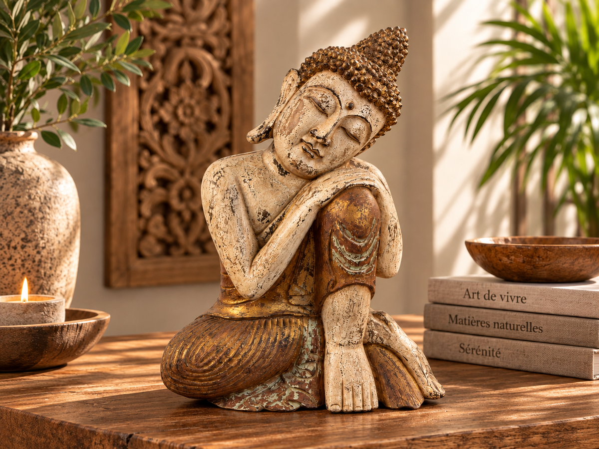 Bouddha assis en bois sculpté, tête appuyée sur le bras, posé sur une table en bois