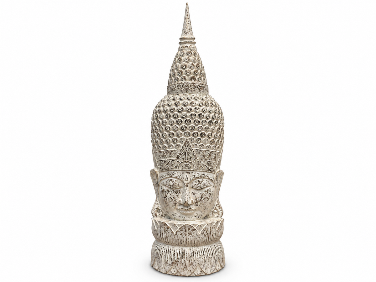 Grande tête de Bouddha au fini blanchi, haute coiffe conique et socle en pétales de lotus