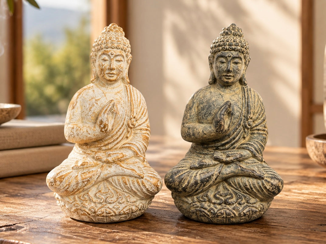 Les deux Bouddhas porte-encens, beige et gris, posés sur une table en bois