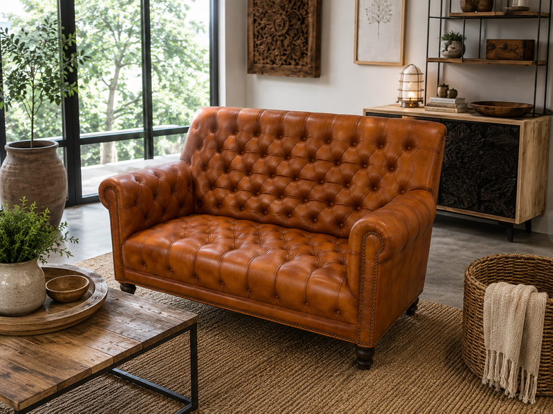Causeuse Chesterfield en cuir cognac entièrement capitonnée, dans un salon avec table basse