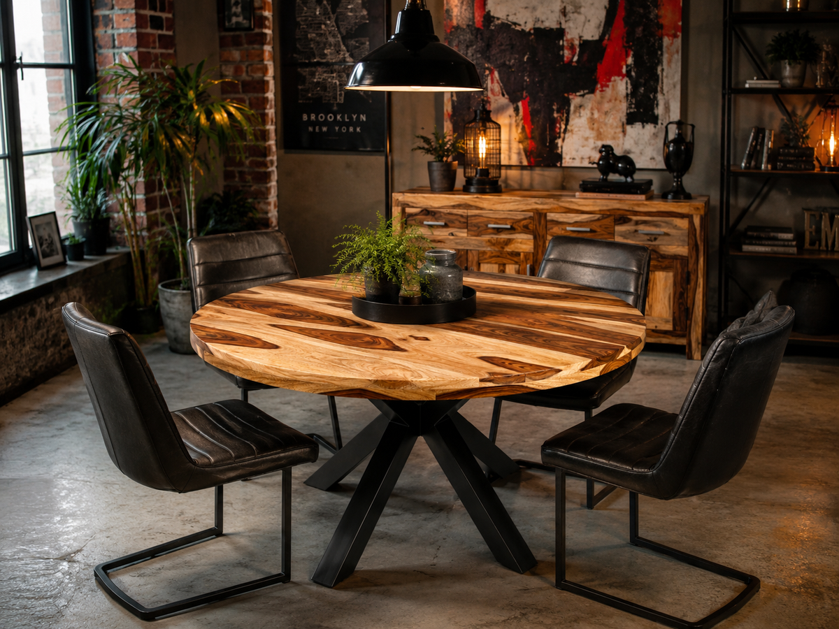 Table ronde en bois de rose sur pied central en acier noir dans une salle à manger