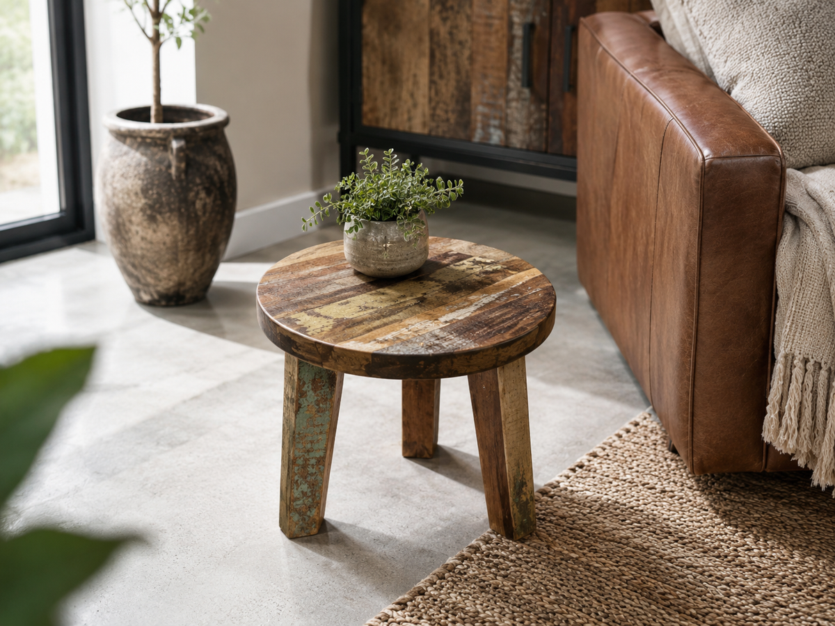 Tabouret rond en bois recyclé