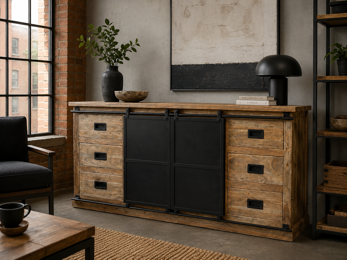 Buffet dark wash en acacia, six tiroirs et deux portes coulissantes noires, dans un salon industriel