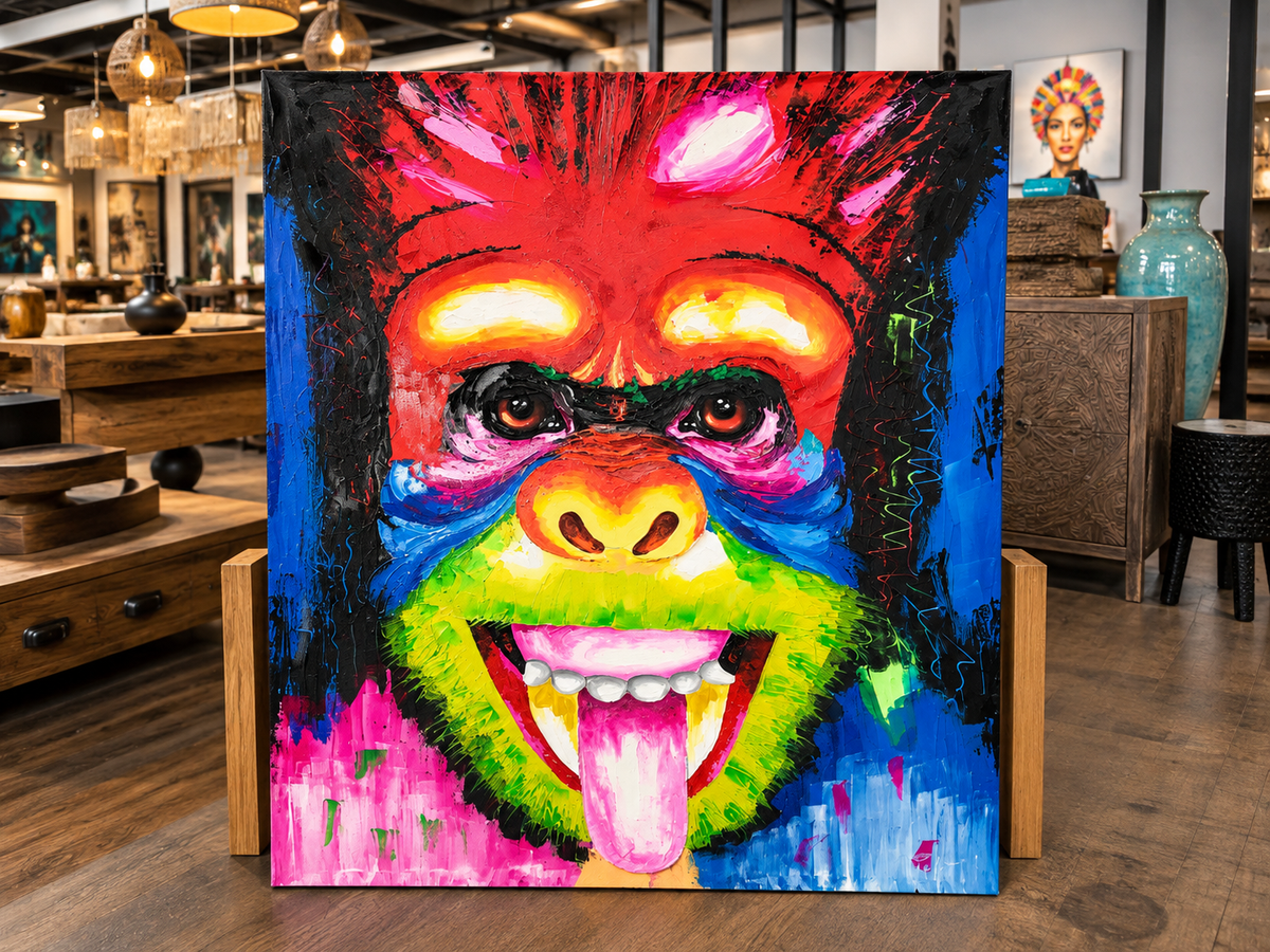 Toile peinte au couteau, portrait de singe aux couleurs vives, langue sortie