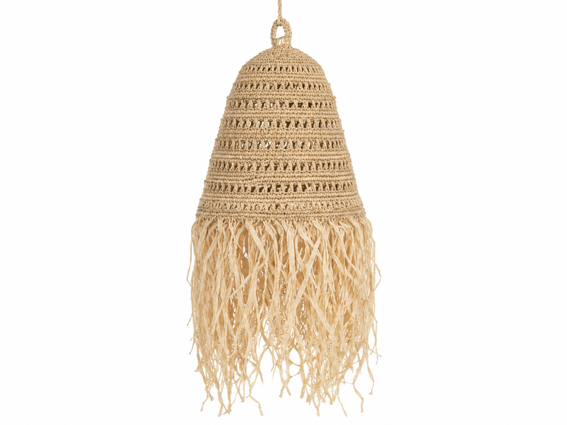 Abat-jour en cloche monté au crochet en osier, longues franges de raphia à la base