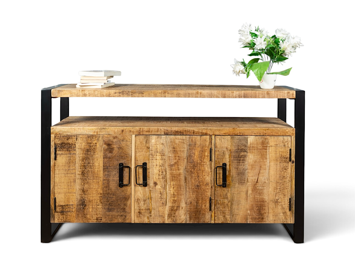 Buffet Vivana vu de face, trois portes en manguier sous une tablette ouverte