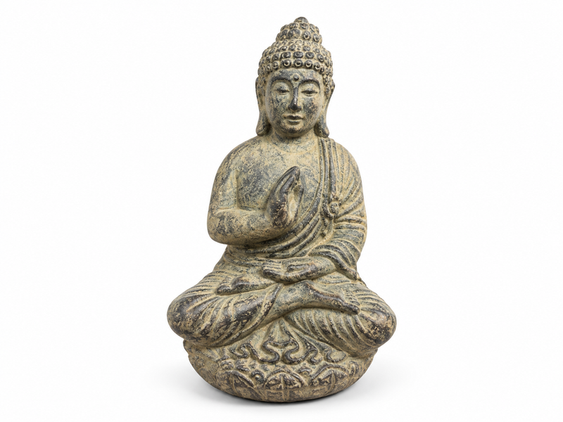 Bouddha porte-encens en ciment gris au fini vieilli, main droite levée
