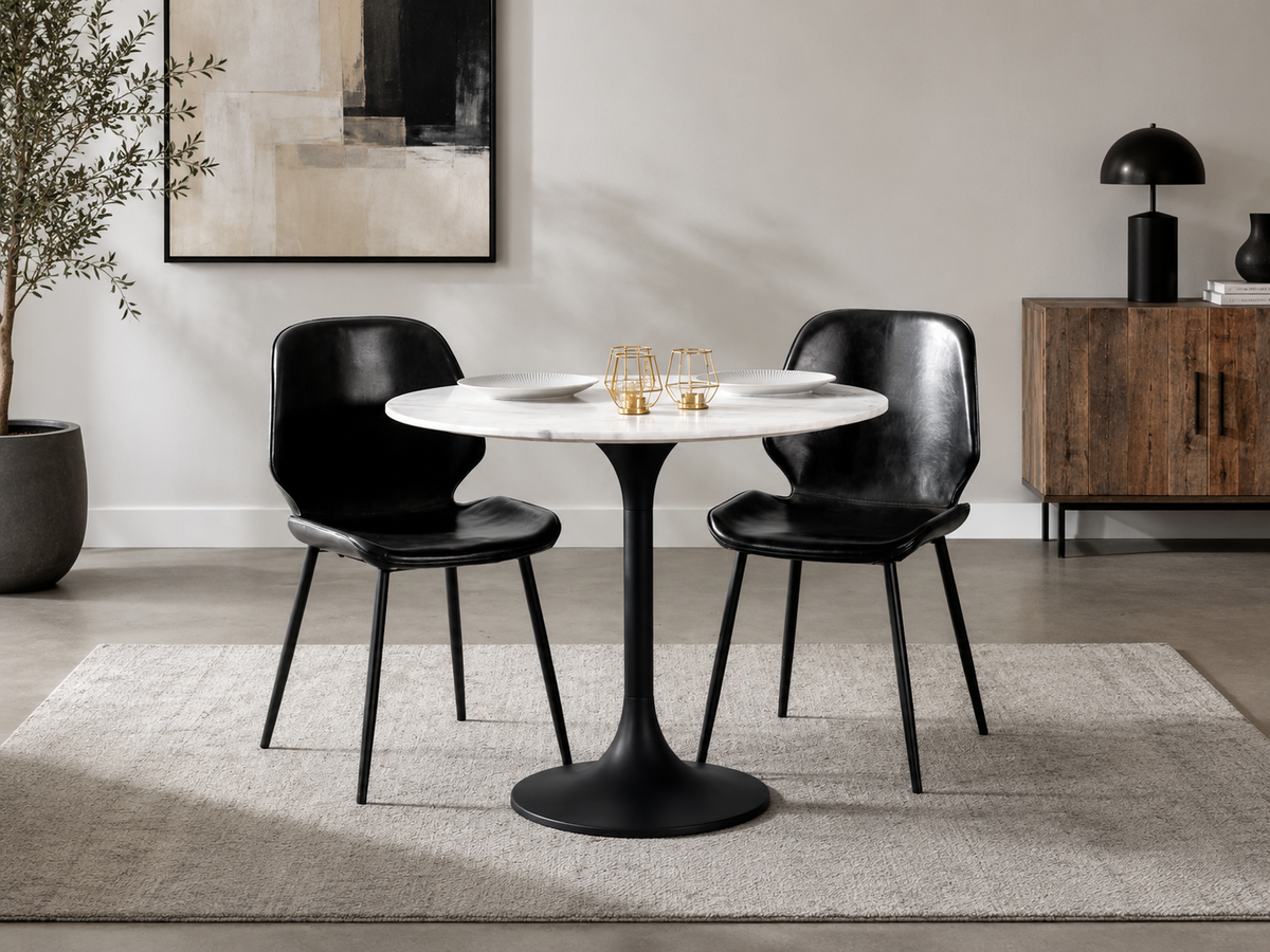 Table à dîner ronde Tulip au plateau en marbre blanc sur pied tulipe en acier noir