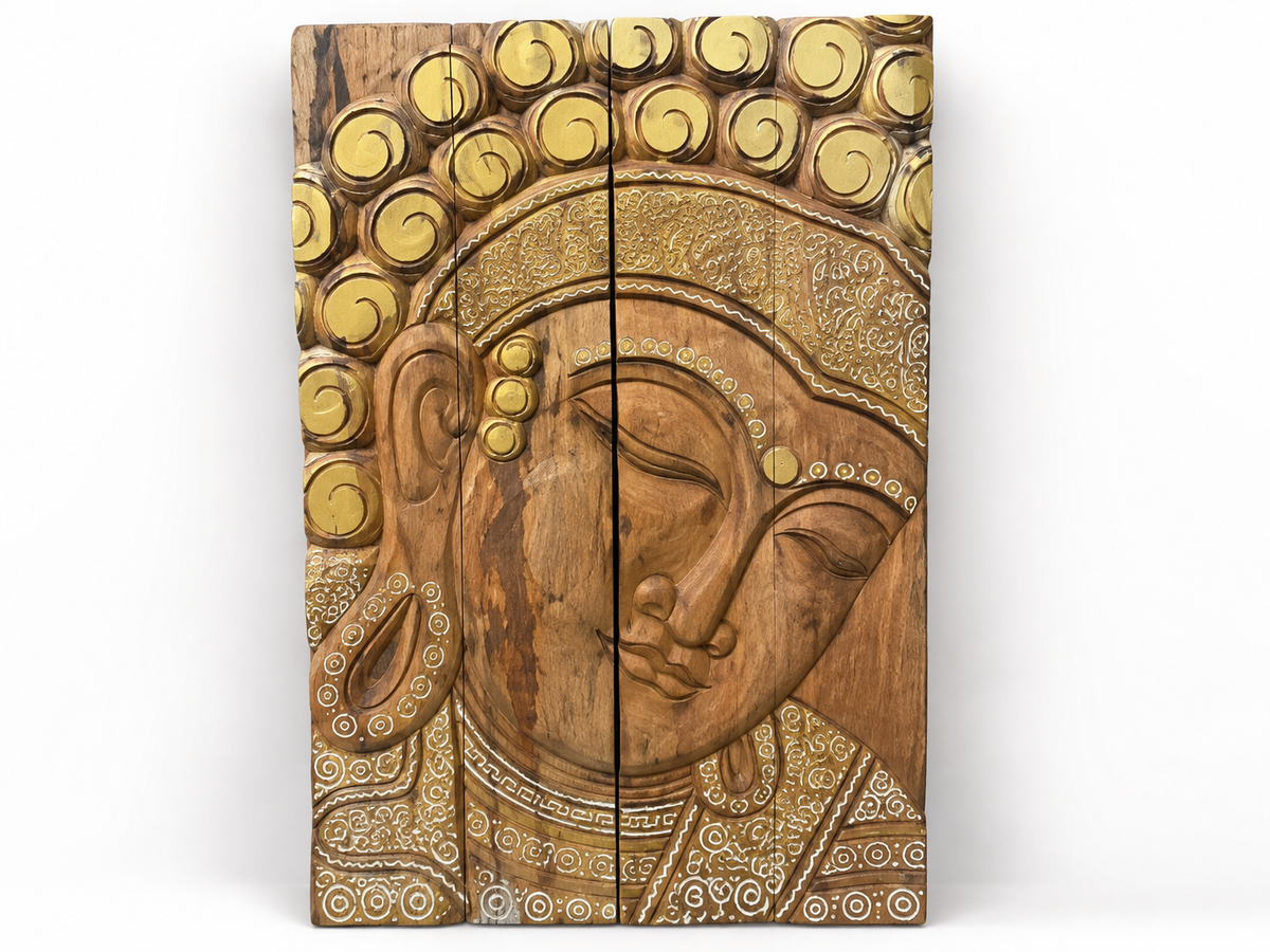 Panneau mural Bouddha en bois naturel, boucles dorées et gravures blanches
