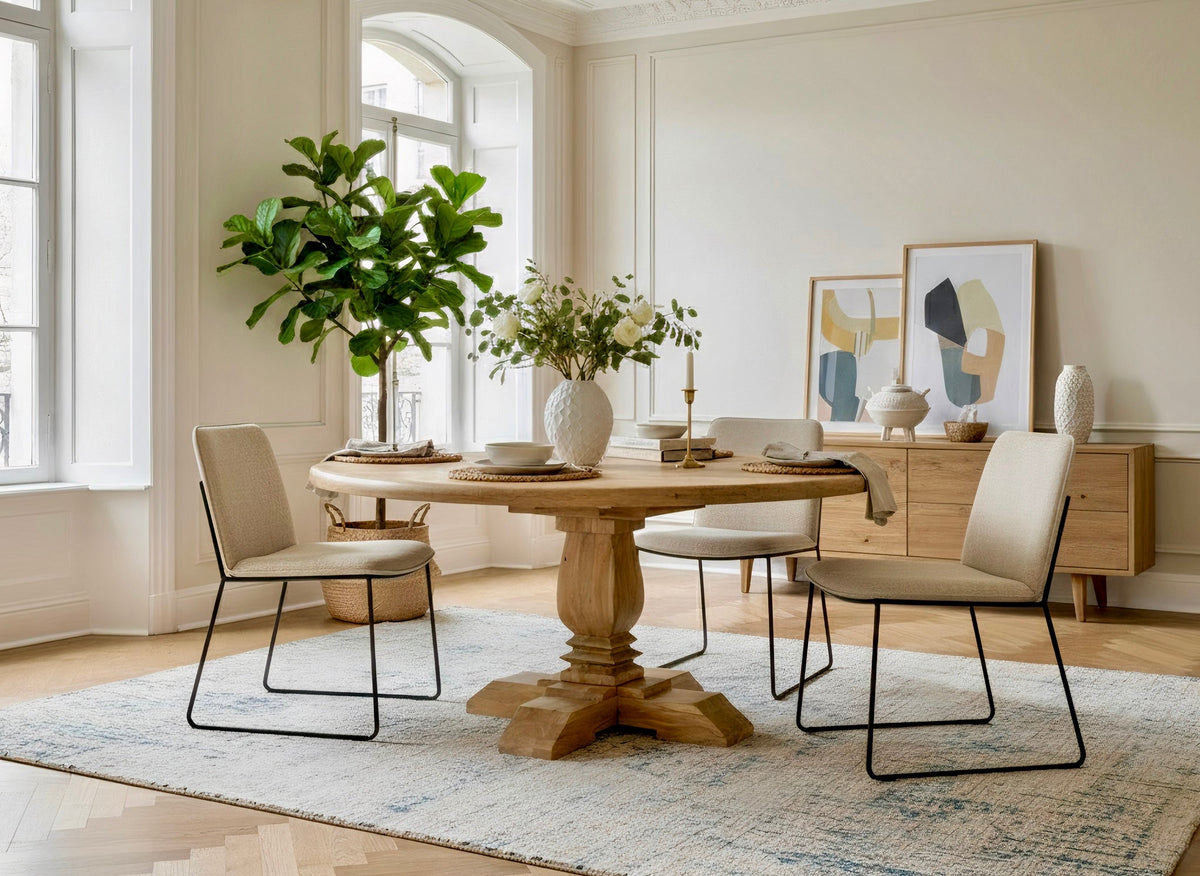 Table ronde en manguier naturel sur pied central en balustre dans une salle à manger