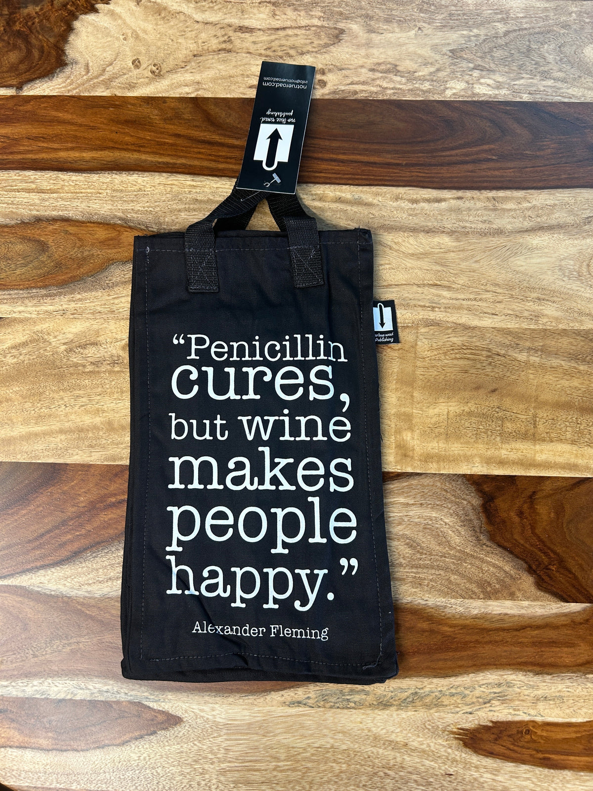 Sac à bouteille noir imprimé d'une citation d'Alexander Fleming sur le vin