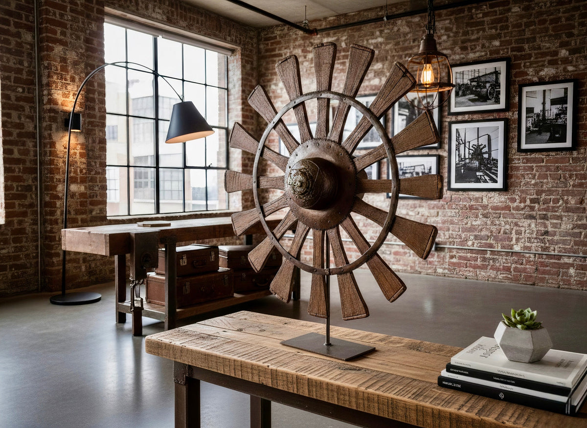 Roue ancienne en bois sur pied en métal, posée sur une table dans un loft