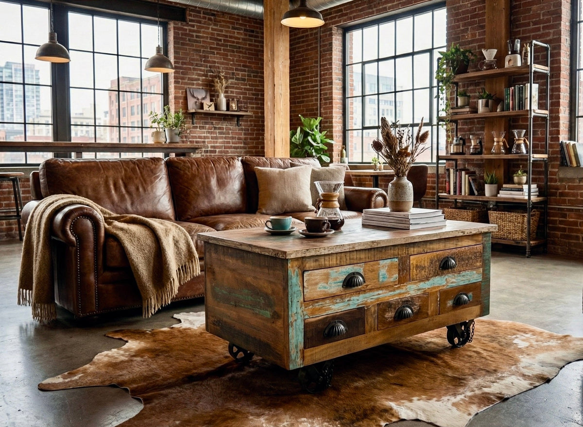 Table à café à tiroirs en bois recyclé sur roues, dans un loft aux murs de brique