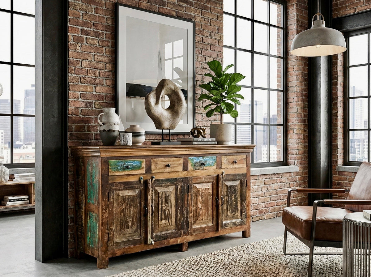 Buffet 4 tiroirs et 4 portes en bois recyclé