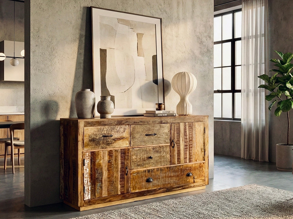 Buffet Tinka marron en bois recyclé, dans un salon au mur de béton avec vases décoratifs
