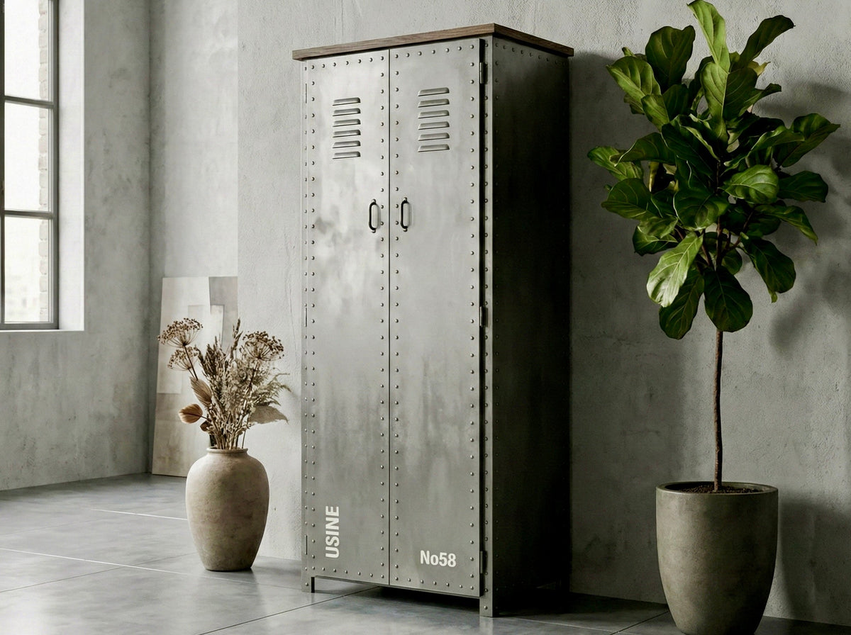 Armoire Daya gris métallisé, inscriptions au pochoir, dans une pièce au mur de béton