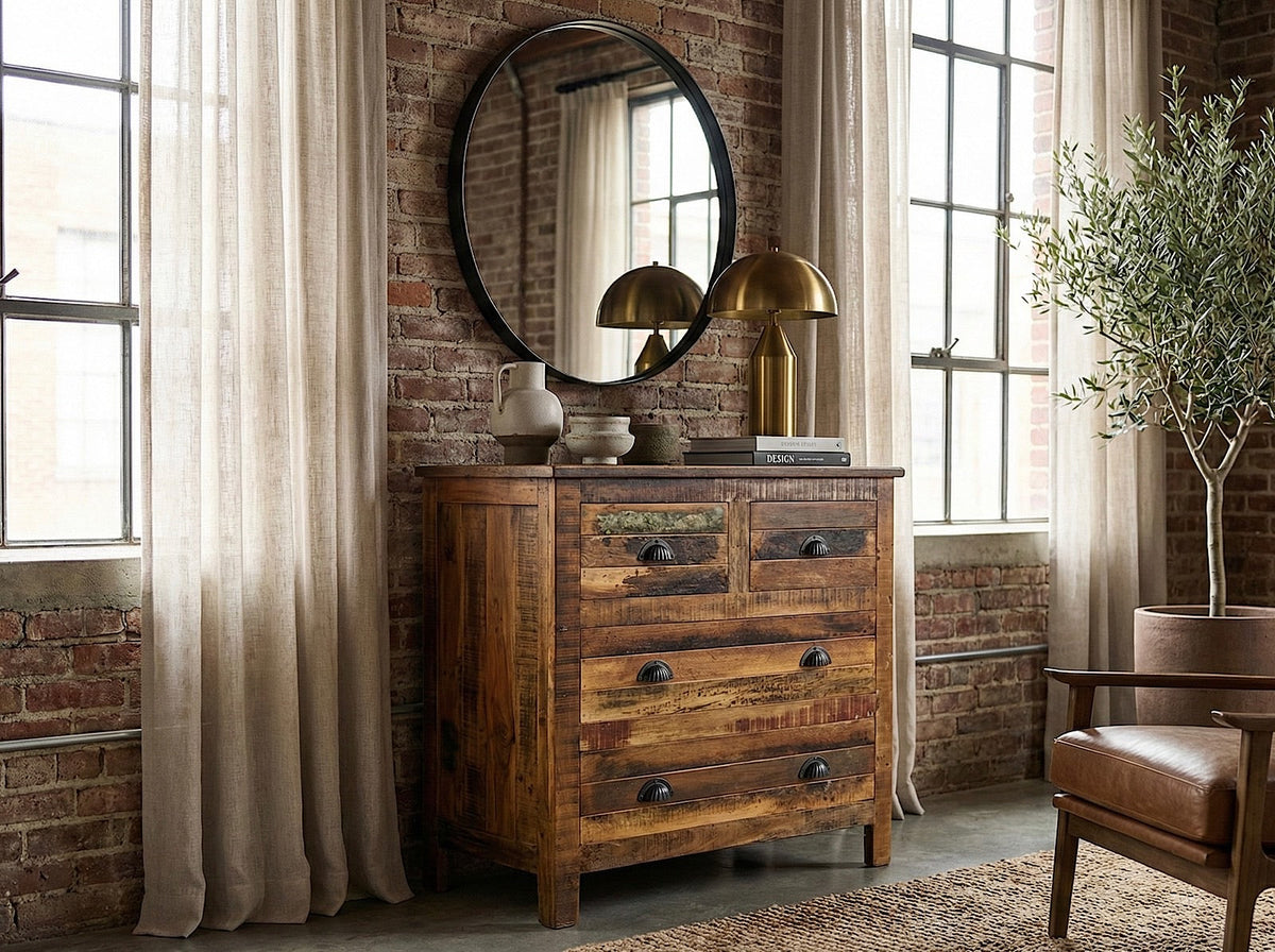 Commode en bois recyclé massif avec quatre tiroirs