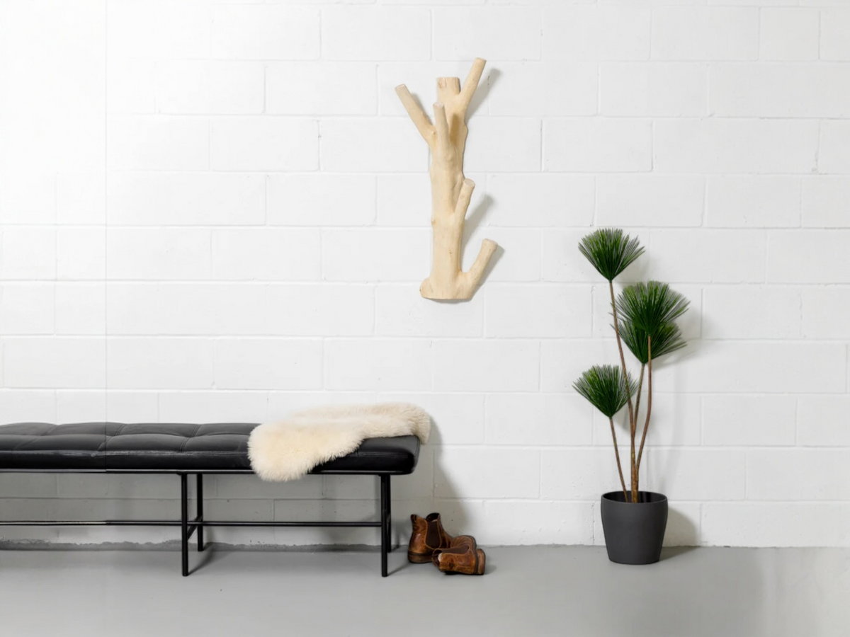 Portemanteau mural en bois sculpté en forme de branche, au-dessus d'un banc