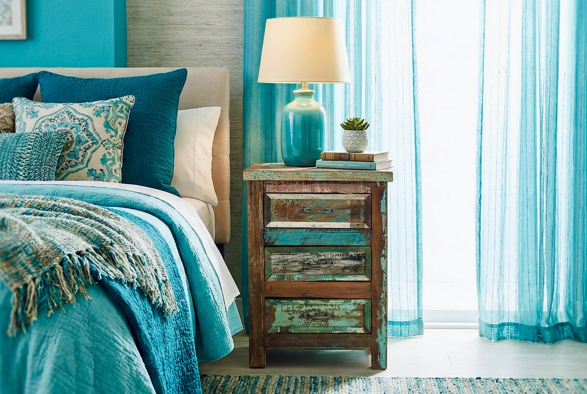 Table de chevet Limaba en bois recyclé à trois tiroirs, dans une chambre aux tons turquoise