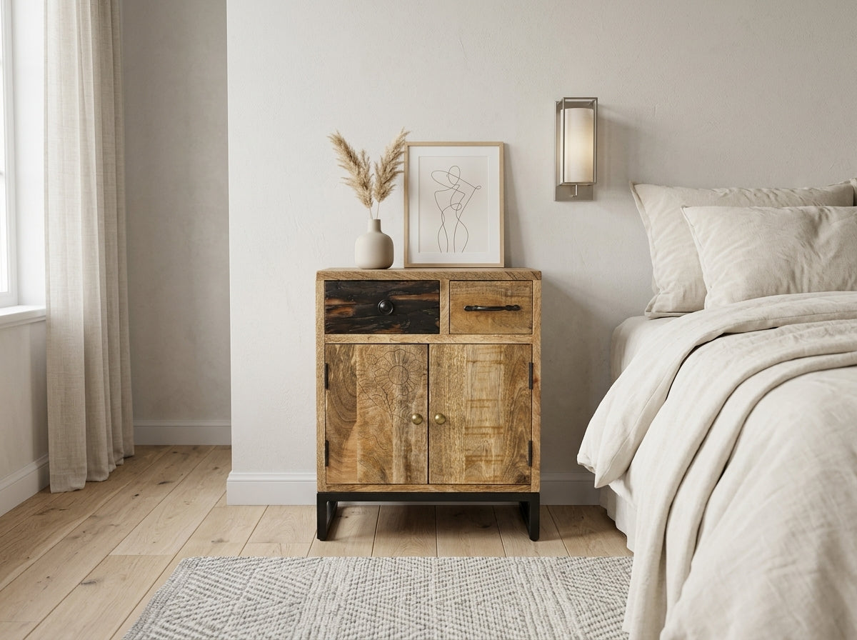 Table de chevet en manguier à portes sculptées, à côté d'un lit dans une chambre beige