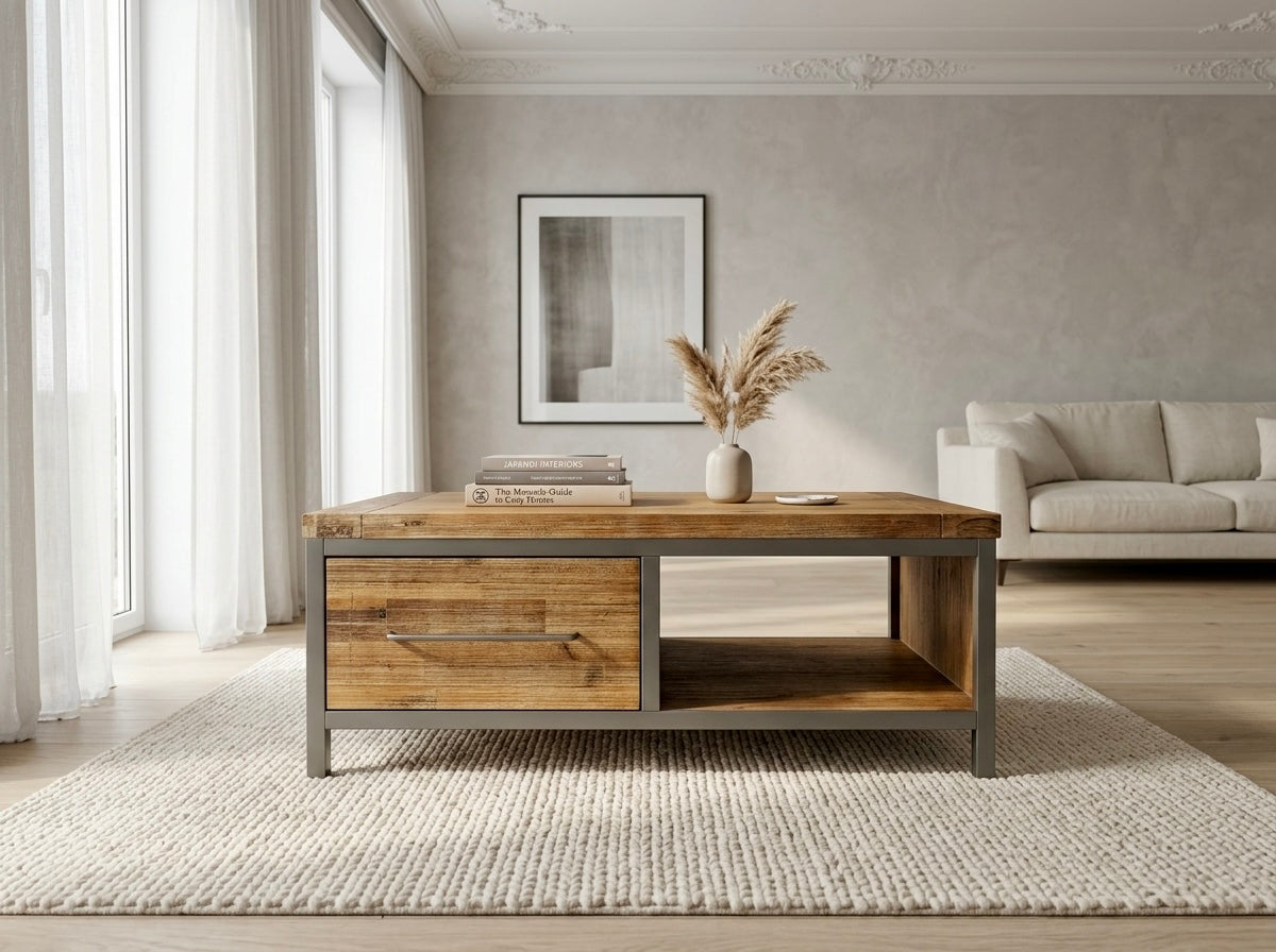 Table à café Erode en bois de récupération et métal gris, dans un salon lumineux