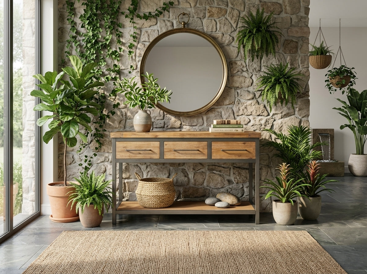 Console Munnar en acacia et métal gris dans une entrée, sous un miroir rond
