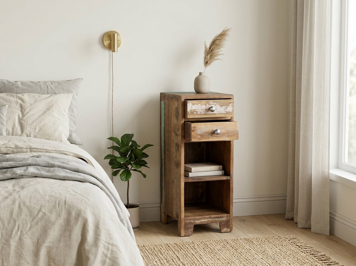 Table de chevet Fitay étroite en bois recyclé, à côté d'un lit dans une chambre claire
