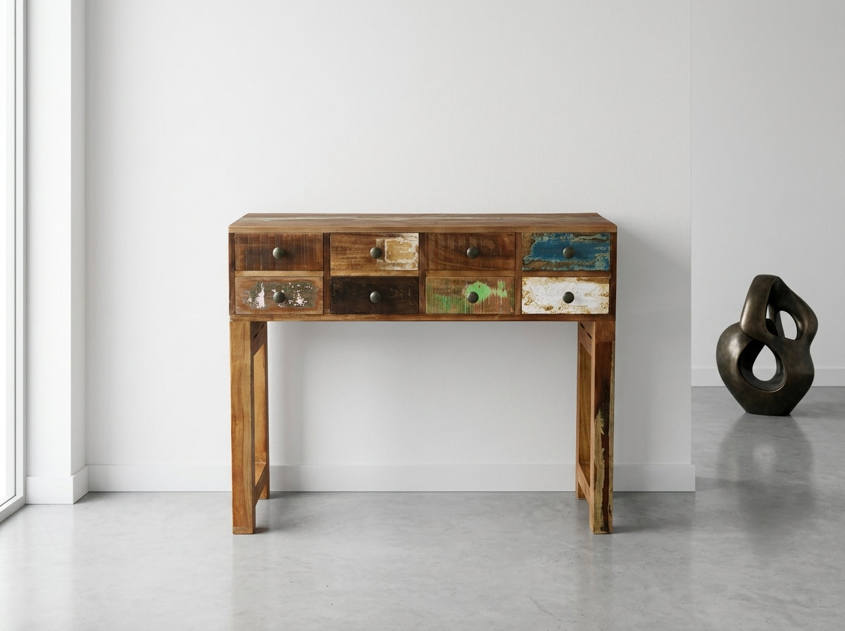 Console Pyaara en bois recyclé avec huit tiroirs