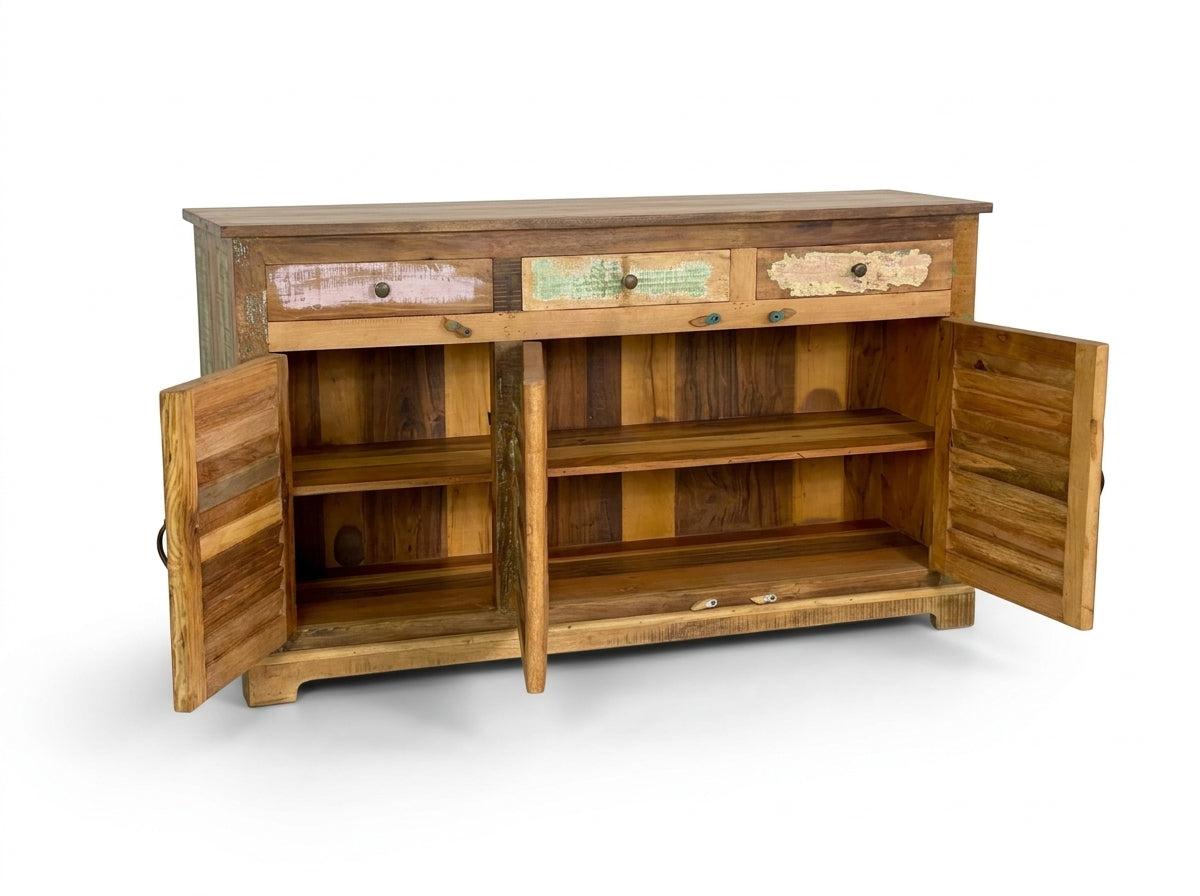 Buffet Saby en bois recyclé — détail des tiroirs