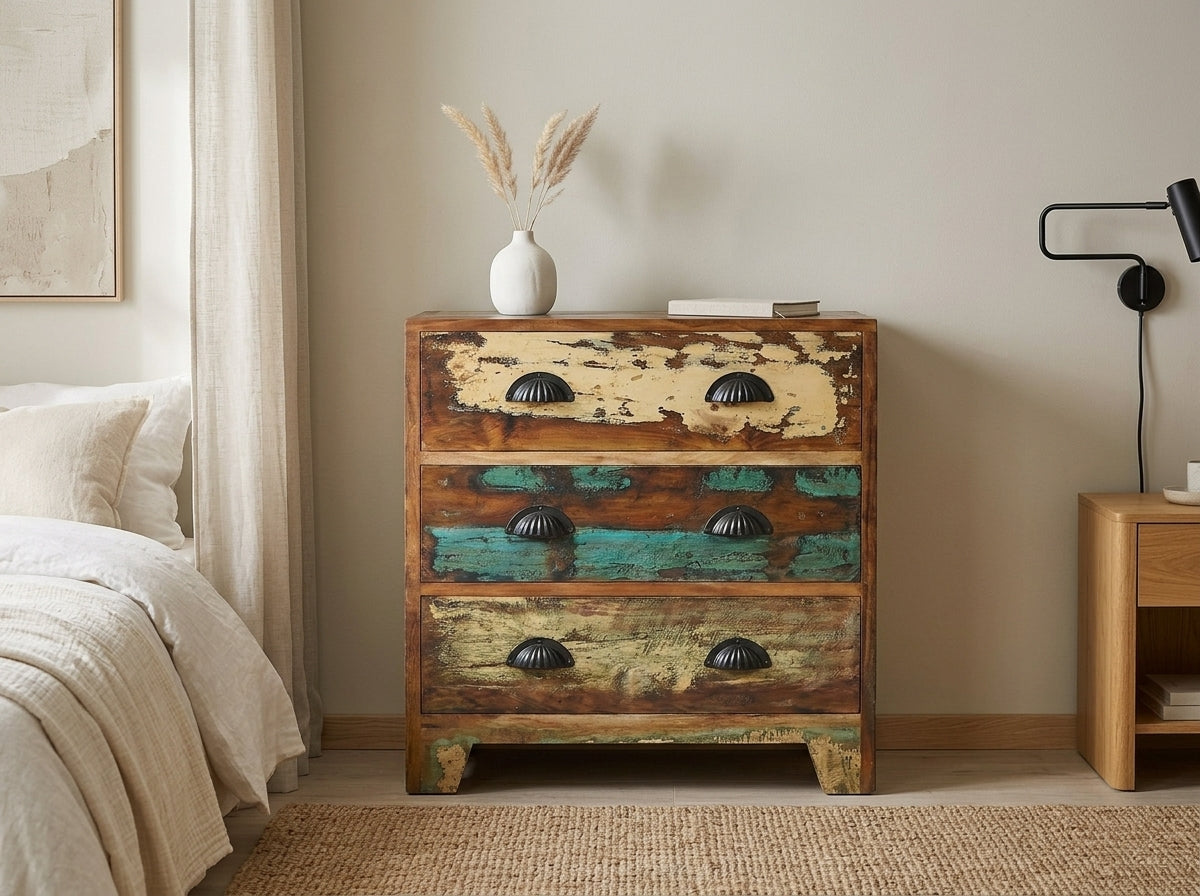 Table de nuit en bois recyclé à trois tiroirs peints crème, turquoise et vert, dans une chambre