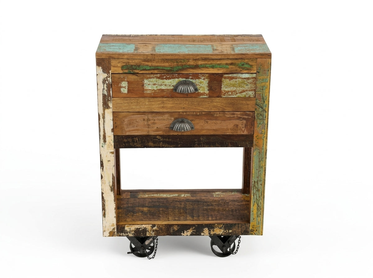 Console à roulettes en bois recyclé — vue de face