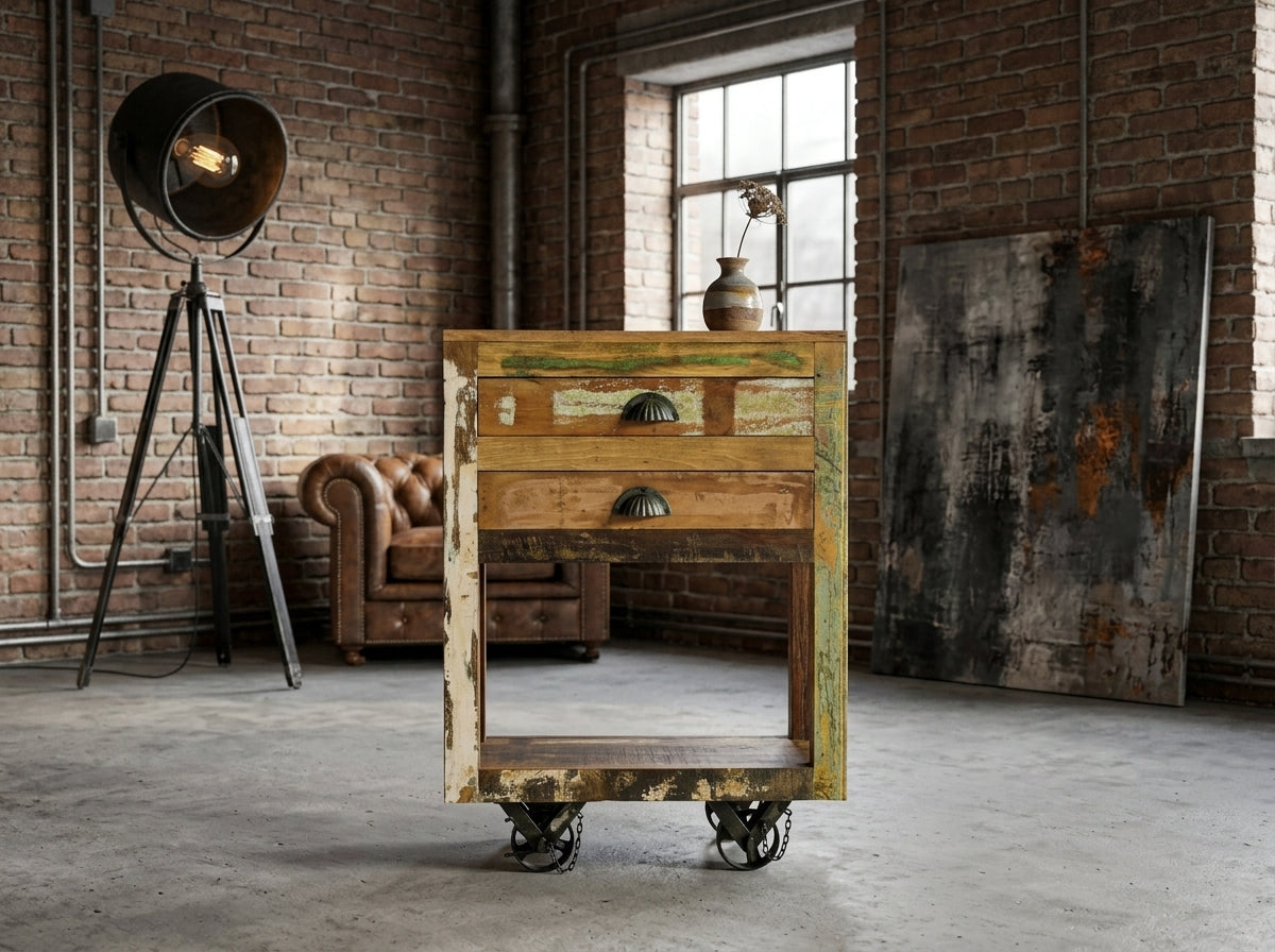 Console à roulettes en bois recyclé avec deux tiroirs