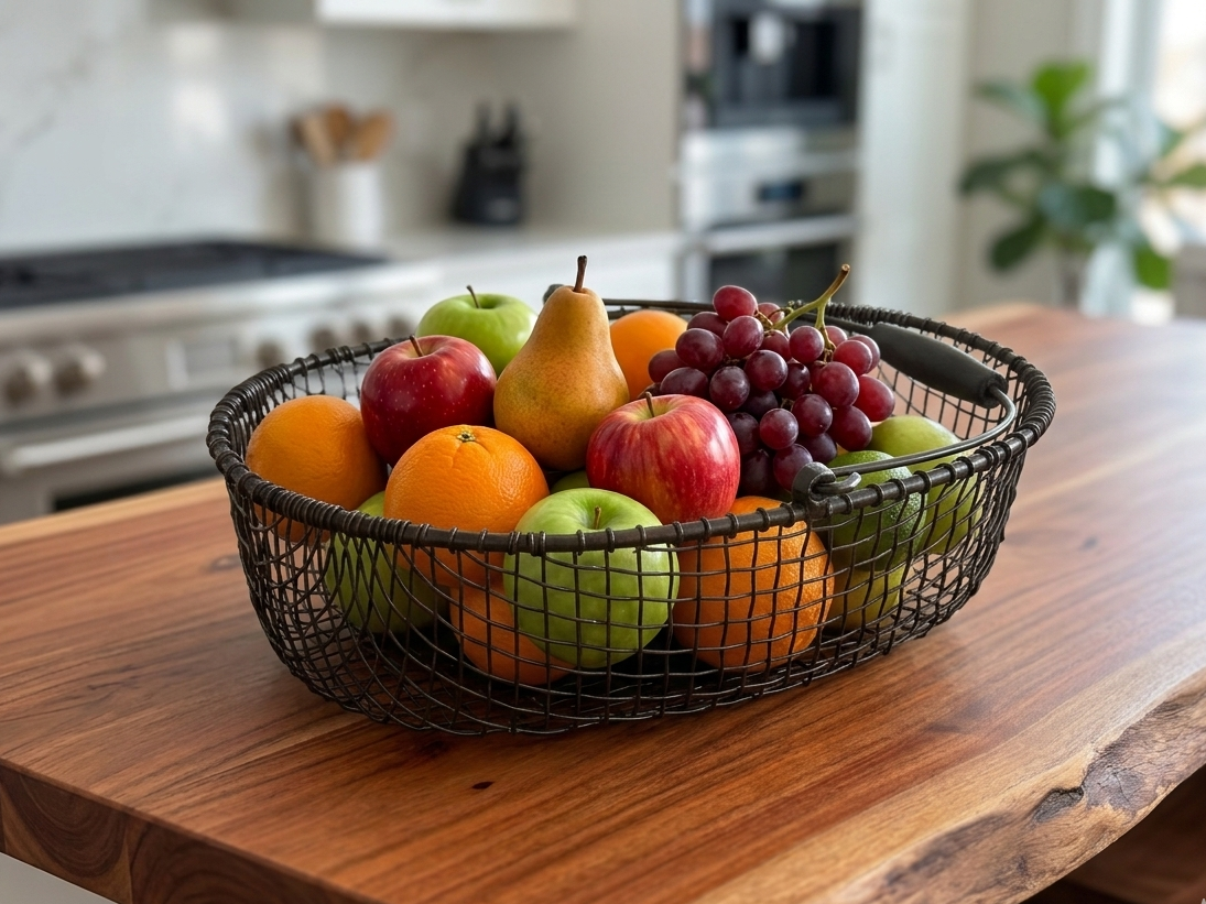 Panier ovale en fil de métal noir garni de fruits, sur un comptoir