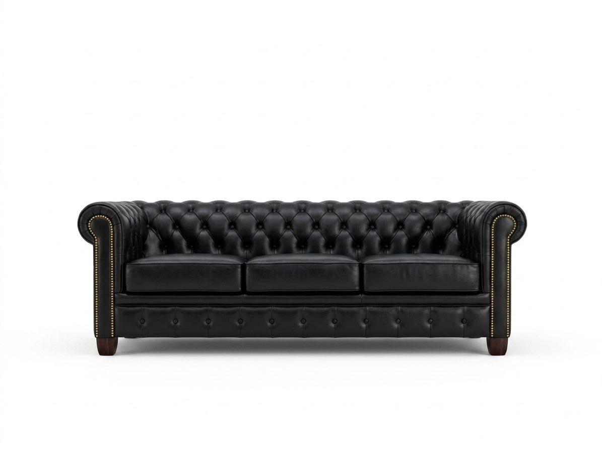 Canapé Chesterfield 3 places en cuir noir vu de face