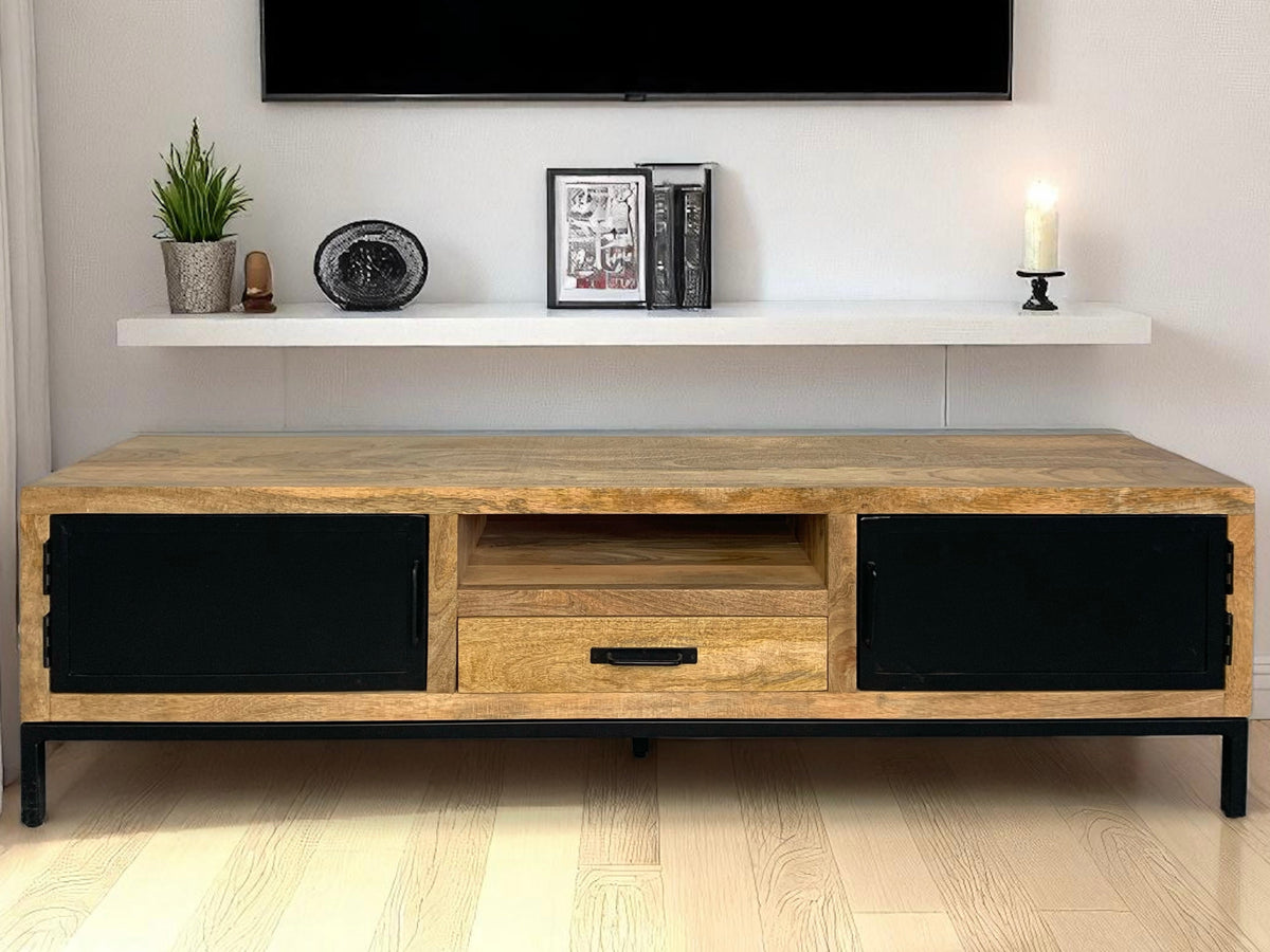 Meuble télé en bois de manguier et metal noir - Bois Déco Montréal