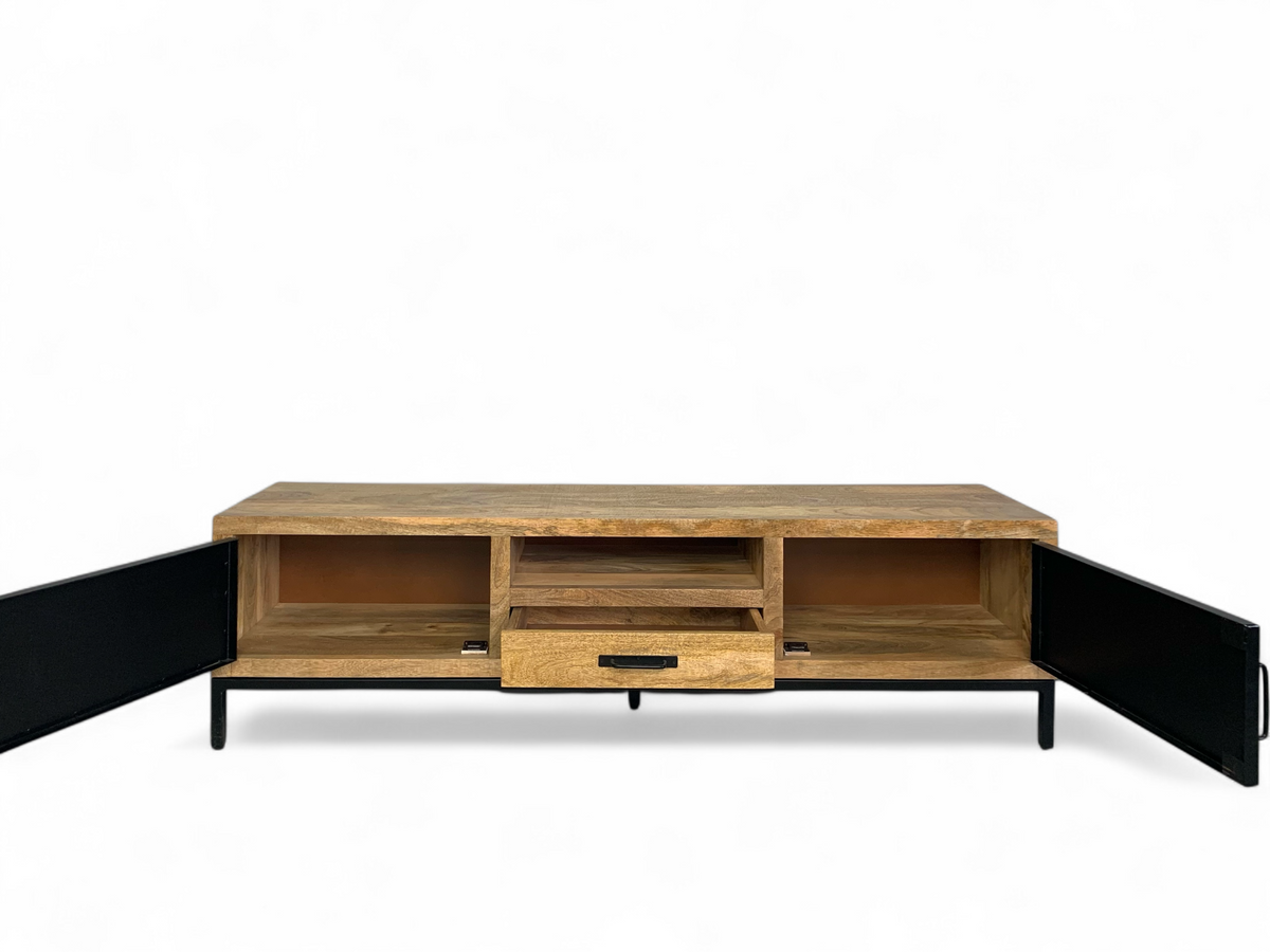 Meuble télé en bois de manguier et metal noir - Bois Déco Montréal