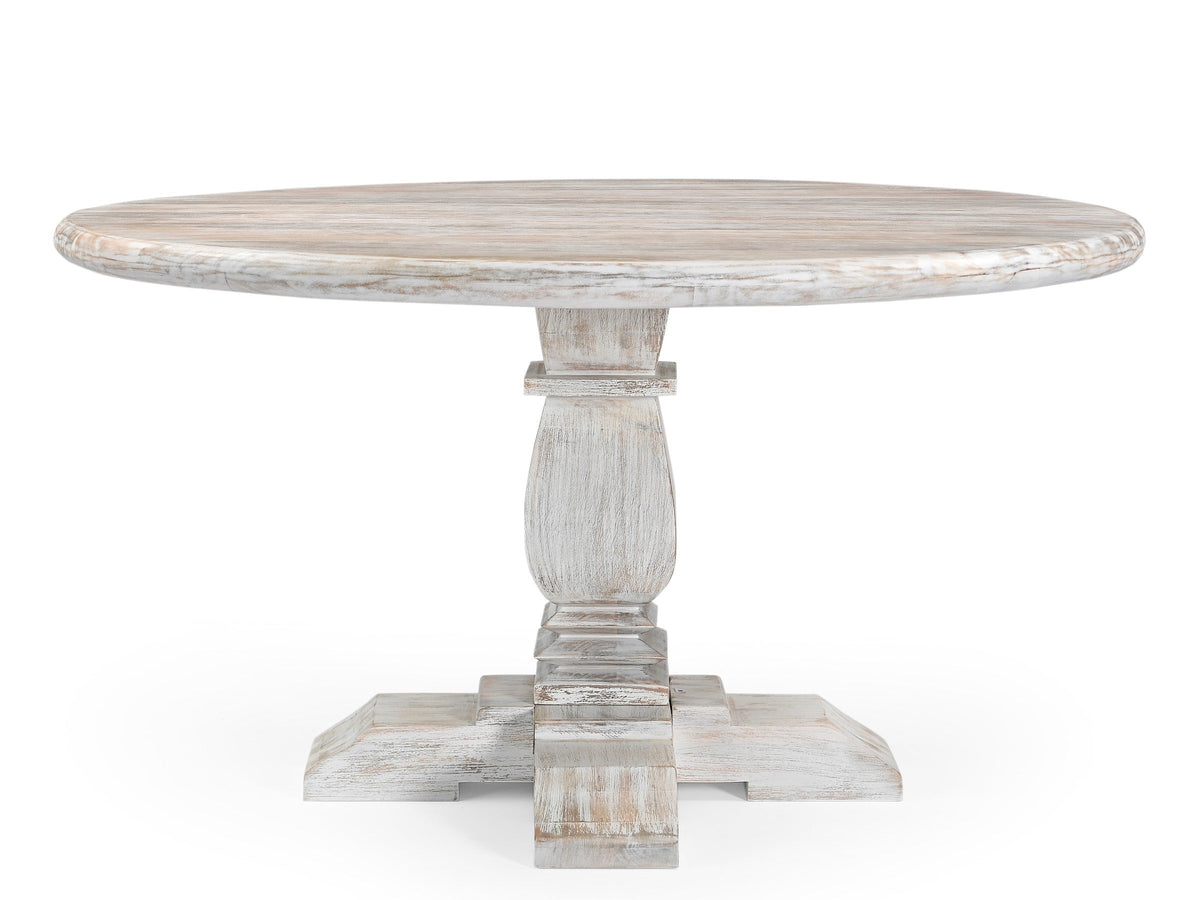Table ronde blanche Montauk vue de face, pied central tourné