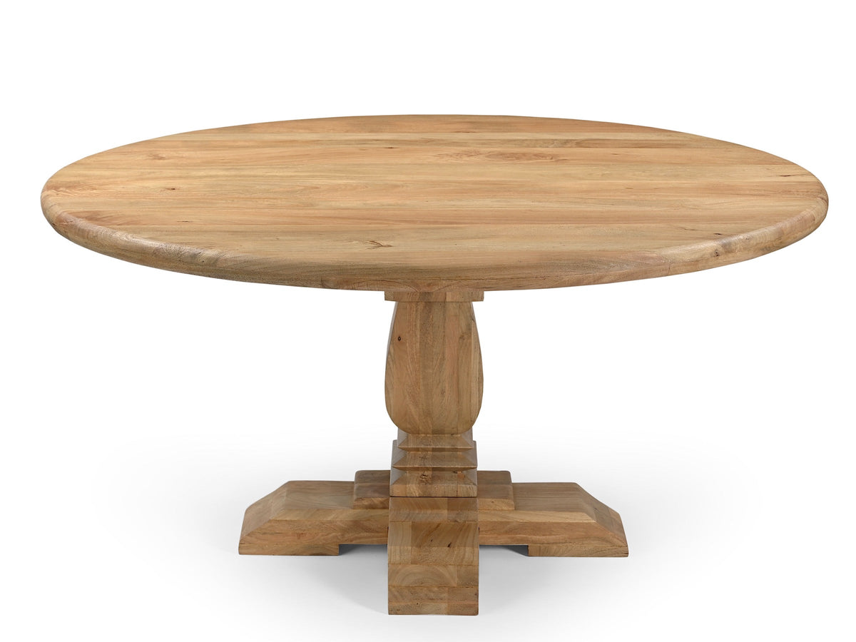 Table ronde en manguier au fini naturel, pied central tourné en balustre