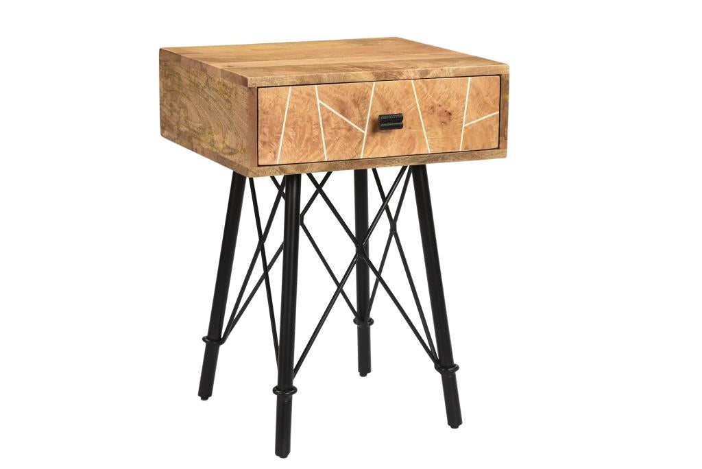 Table de chevet Keru vue de trois quarts, piétement en métal noir aux tiges croisées