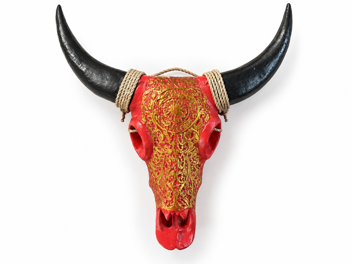 Crâne décoratif rouge à motifs dorés en relief, cornes noires et corde naturelle