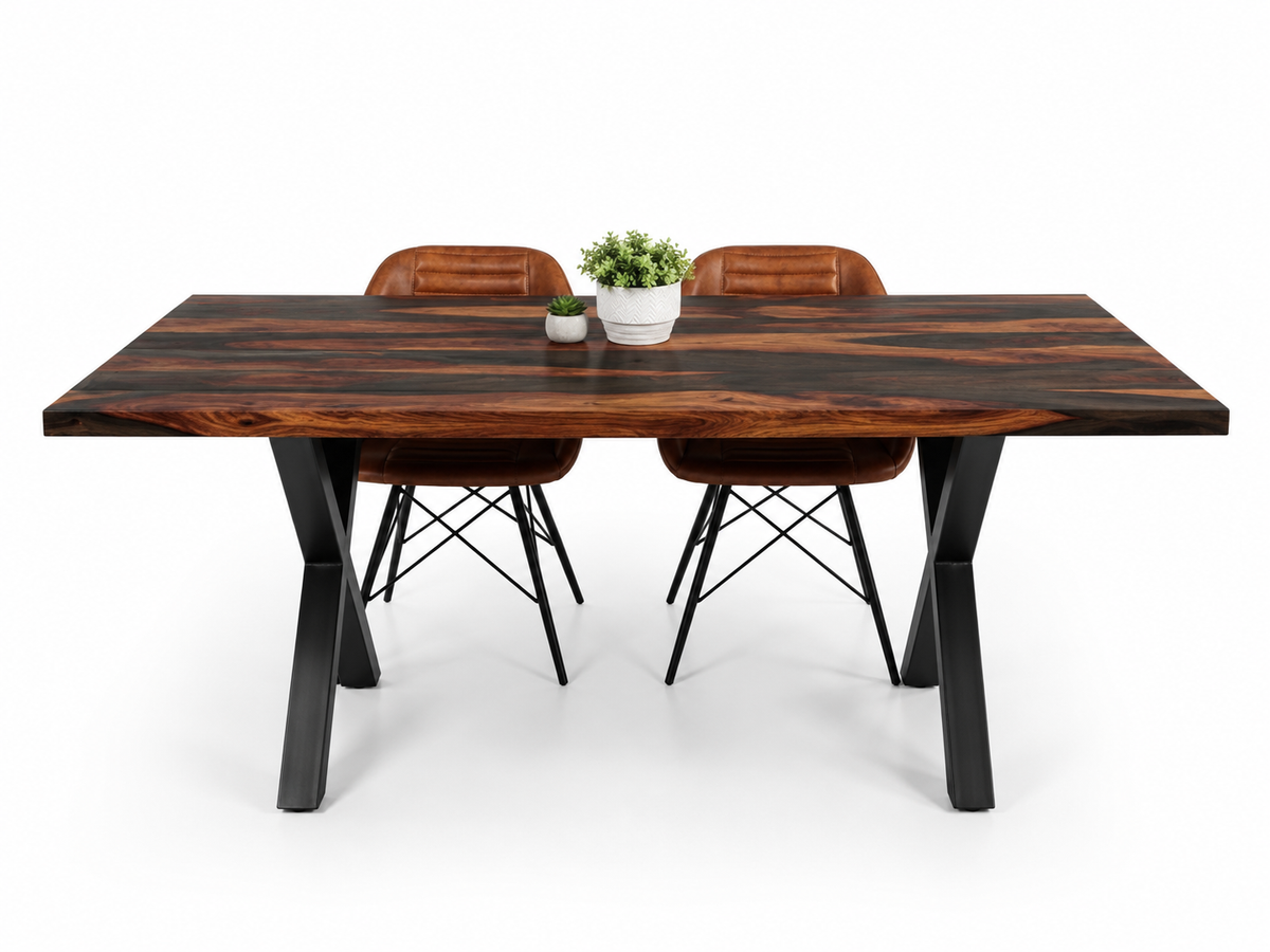 Table en bois de rose coupe droite au fini foncé, pattes en X en métal noir
