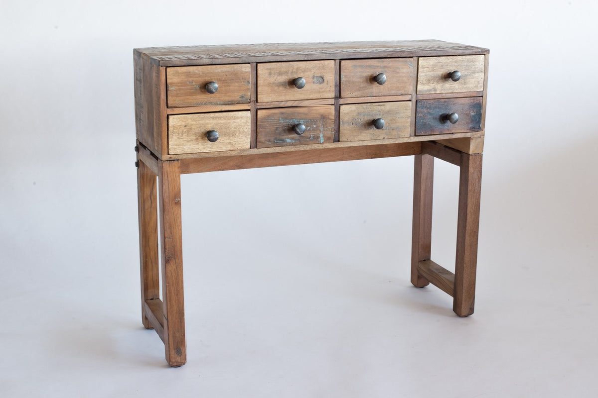Console Pyaara vue de face, tiroirs aux teintes grises et brunes