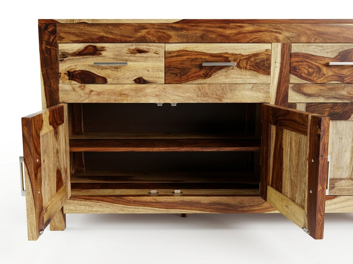Grand buffet en bois de rose aux portes ouvertes sur une tablette intérieure