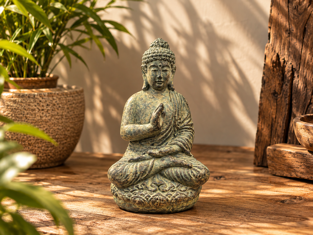 Statue de Bouddha au fini bronze patiné posée près d'une plante